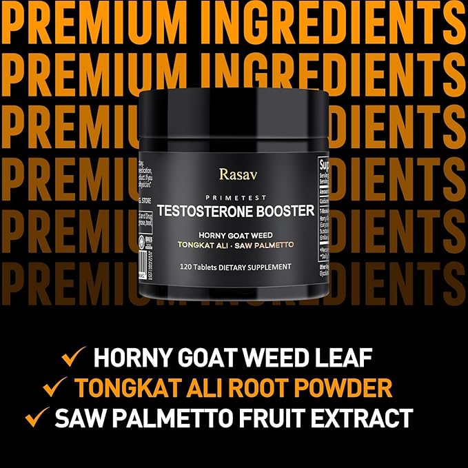 Rasav Horny Goat Weed and Tongkat Ali Supplement for Men, Testosterone Booster Supplement for Men, Male Enhancing Supplements, Supports Muscle Growth, Strength, Energy and Stamina, 120 Tablets