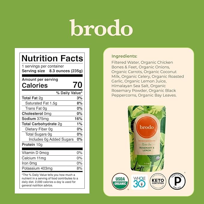 Brodo Broth Variety Pack | 1 Chicken, 1 Hearth, 1 Deeply Rooted, 1 Spicy Nonna, 1 Tom Yum, 1 Tuscan Sun Single Serving Pouches | Not Made From Concentrate, No Preservatives (6x 8.3 oz Pouches)