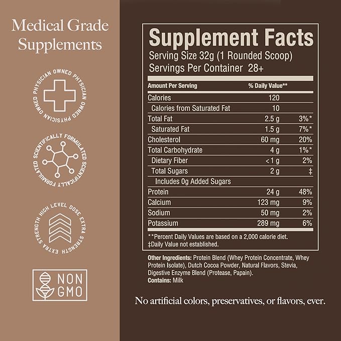 High Level Whey Protein Powder Stevia Sweetened, Natural Chocolate Shake, 24g Protein, Ultra Filtered Non-GMO, Digestive Enzymes, Gluten Free, 蛋白粉, 2 lb, Whey Protein with Stevia