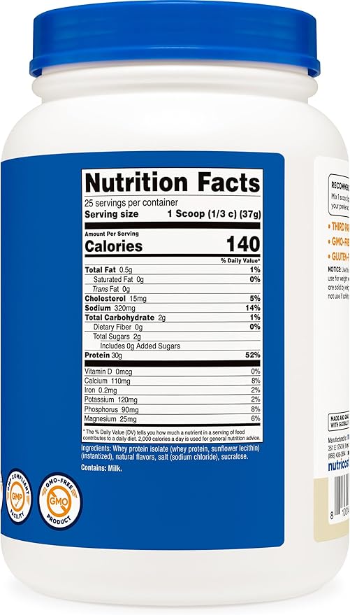 Nutricost Grass-Fed Whey Protein Isolate (Vanilla) 2LBS - Non-GMO, Gluten Free, Natural Flavors