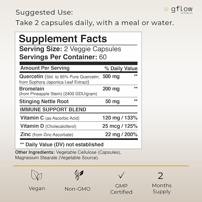 Quercetin with Vitamin C and Zinc - Quercetin 500mg - Quercetin with Bromelain - Zinc Quercetin - Stinging Nettle -120 Veggie Caps. Quercetin Supplements + Vitamin D3 (Non-GMO, Gluten-Free, Vegan)