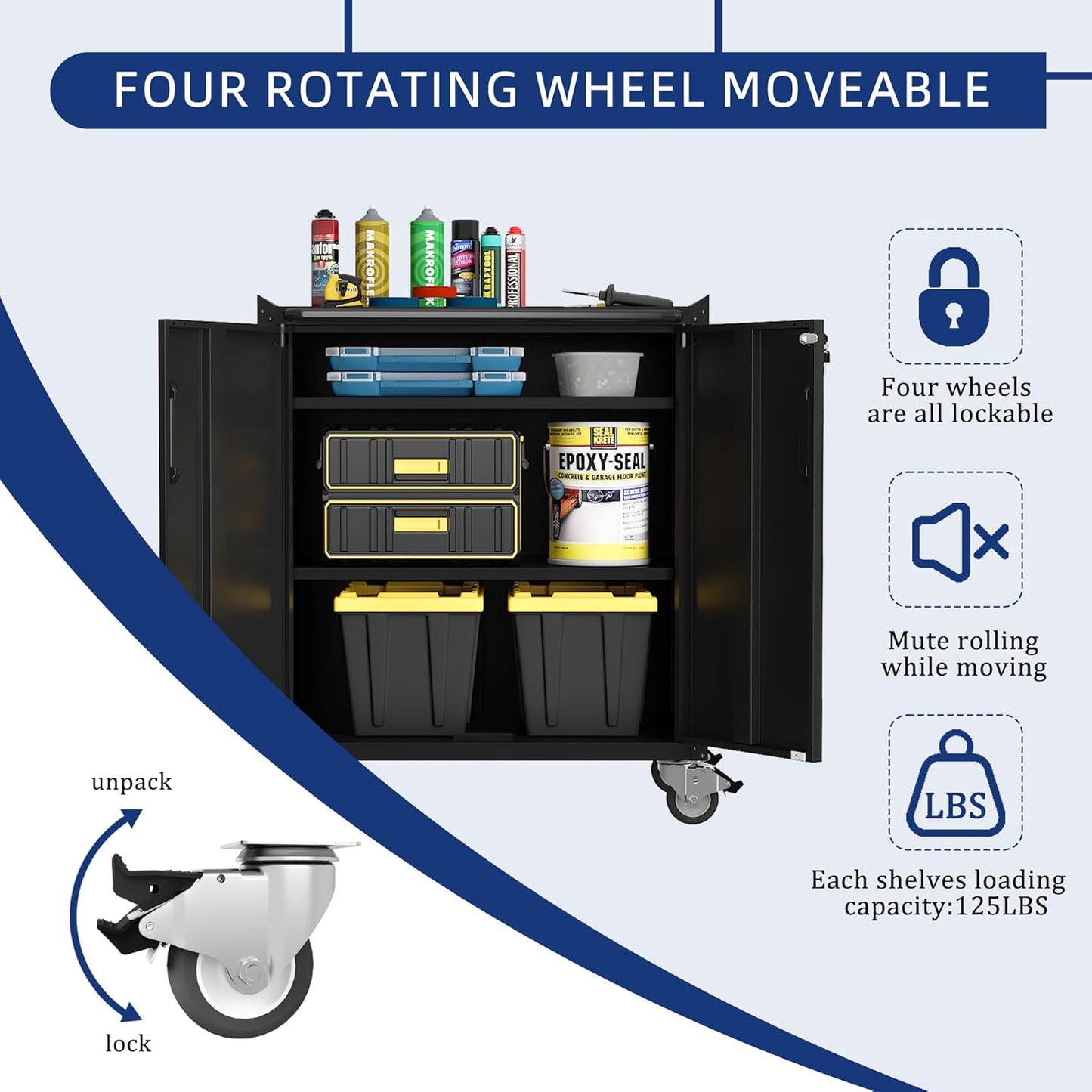 Rolling Tool Cabinet with Wheels, Tool Cabinets with 2 Door for Garage, Tool Room, Assembly Required(Black)