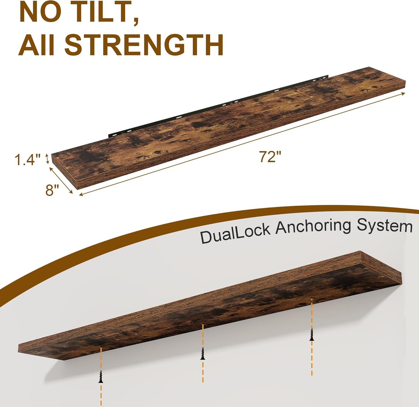 72 Inch Floating Shelves 2 Pack, 8 Inch Deep Floating Shelf Wall Mounted, Large Shelves with Invisible Bracket for Books, Rustic Wood Wall Shelf for Bedroom, Kitchen, Living Room, Rustic Brown