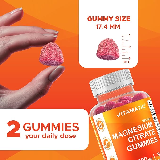 Vitamatic Magnesium Citrate Gummies 600mg per Serving - 60 Count - Promotes Healthy Relaxation, Muscle, Bone, & Energy Support (Pack of 2)