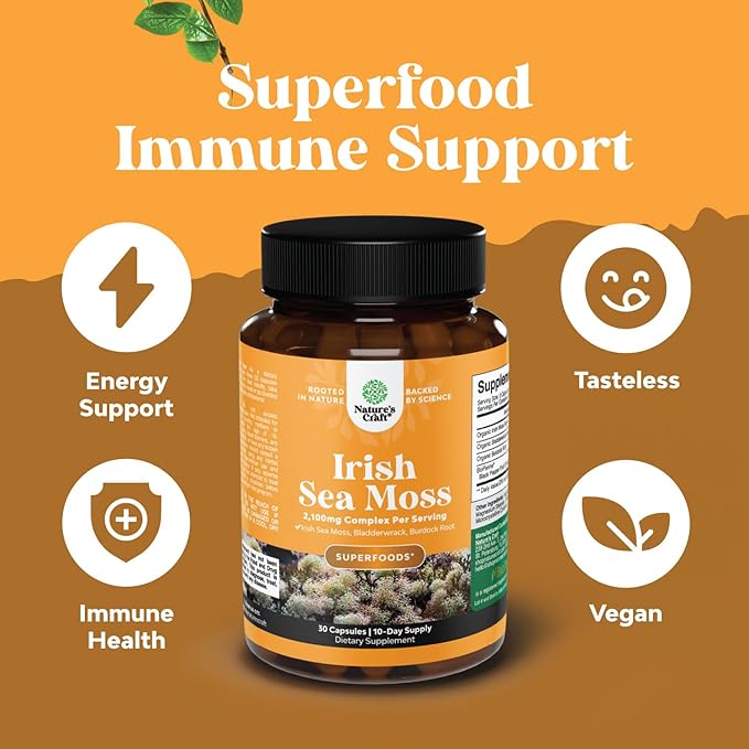 Organic Irish Sea Moss Capsules - Sea Moss and Bladderwrack Capsules with Burdock Root Superfood Blend for Immune Support Heart Health Fertility Joint Health and Thyroid Support for Women and Men