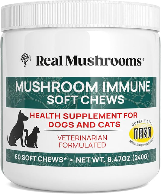 Real Mushrooms Soft Chews for Pets – Functional Treats with Reishi, Olive Leaf, Ashwagandha Blend – Cats & Dogs Vitamin Bites– Mushroom Supplement for Dogs & Cats Wellness Support, 60 Count