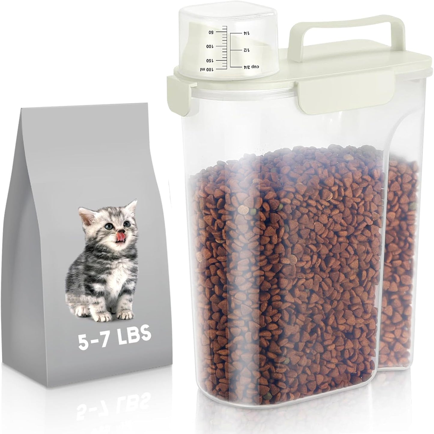 5Lbs Dog Cat Storage Container Portable with Upgraded Large Spout and Cup, Plastic Pet Food Dispenser for Small Animal Kibble, Bird Seed, Oatmeal, Rice, Flour, Brown Sugart -Elegant White