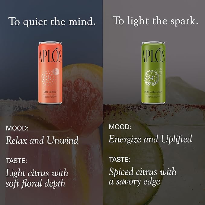 Aplós Canned Variety Pack of Non-Alcoholic Cocktails, Formulated with Adaptogens and Botanicals, Low Calorie, No Added Sugar Beverage (8 Pack, Ume Spritz & Chili Margarita)