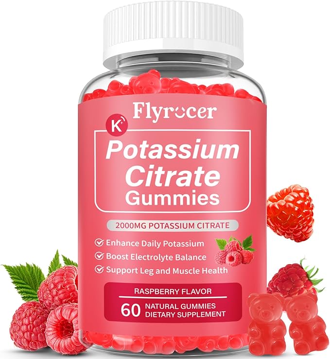 Potassium Citrate Gummies for Adults Men & Women, Potassium Supplement for Support Leg Cramps, Muscle Health & Electrolyte Balance, Vegan, Raspberry Flavor, 60 Count