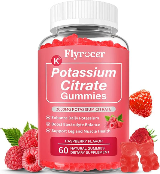 Potassium Citrate Gummies for Adults Men & Women, Potassium Supplement for Support Leg Cramps, Muscle Health & Electrolyte Balance, Vegan, Raspberry Flavor, 60 Count