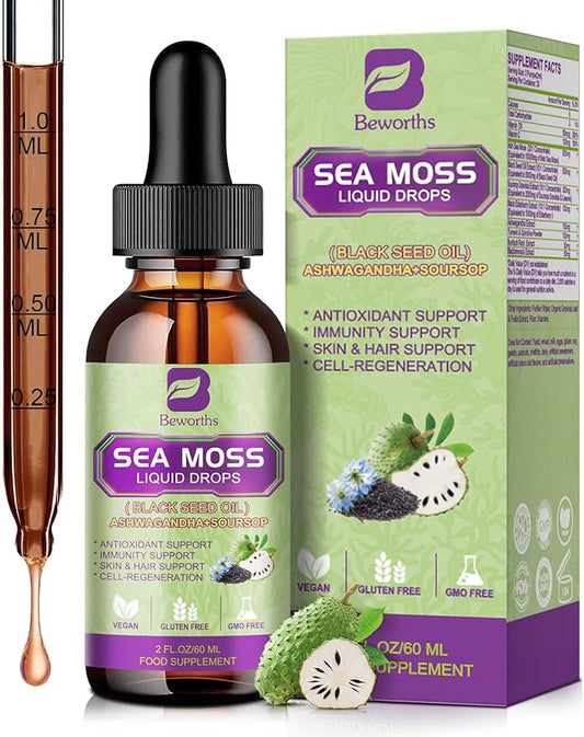 Sea Moss Liquid Drops - Irish Sea Moss & Black Seed Oil with Ashwagandha, Soursop Bitters, Elderberry, Burdock Root, Bladderwrack, Seamoss Supplement Support Antioxidant, Immune, Gut Health