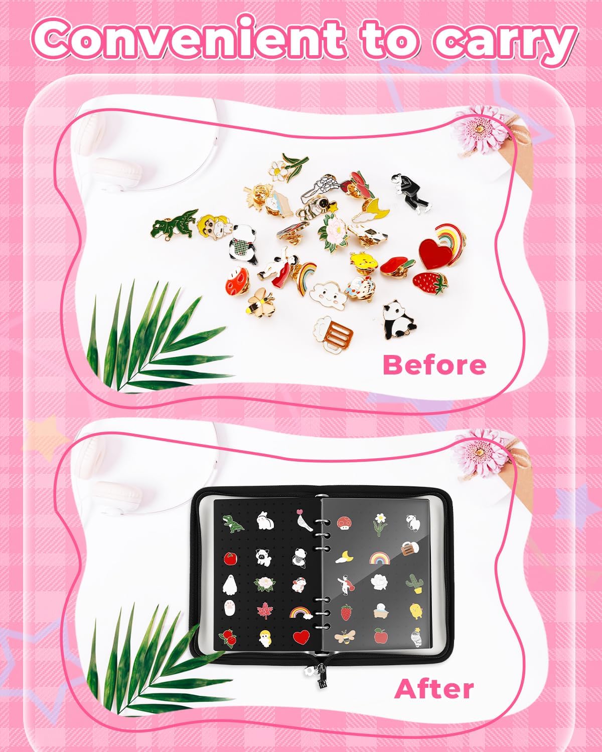 UCEC Enamel Pin Display Book & 50 PCS Rubber Pin Backs, A5 Album Pin Collection Binder for Brooch Pins, Black 6-Page Zippered Pinfolio Trading Organizer Case, Pin Storage Display Book for Enamel Badge