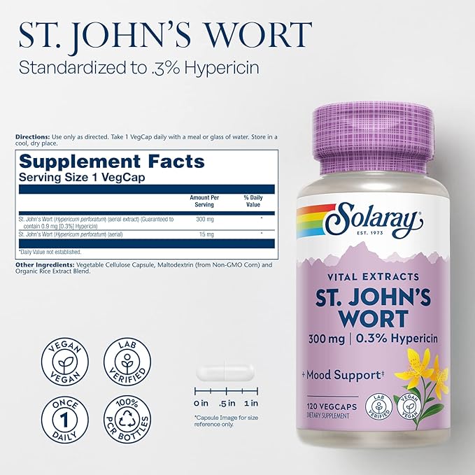 SOLARAY St Johns Wort Aerial Extract 300 mg, 0.3% Hypericin, Mood & Brain Health Support, Vegan & Lab Verified for Quality, 120 Servings, 120 VegCaps