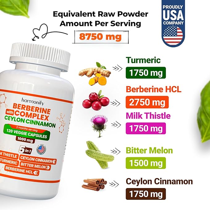 Berberine Supplement with Ceylon Cinnamon, Milk Thistle, Turmeric, Bitter Melon Complex, Immune Supports, 120 Capsules, 1000 mg, Vegan, Non-GMO