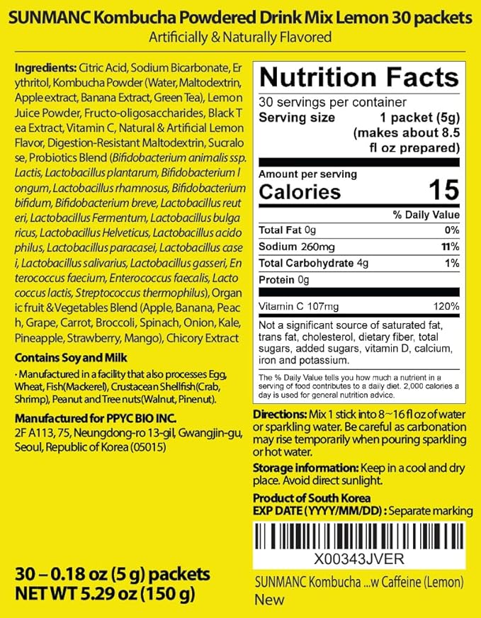 SUNMANC Kombucha 30 packets, Sparkling Probiotic Fermented Drink, Convenient Powdered Drink Mix, Tea Powder, Low Calories, Sugar 0g, Low Caffeine (Lemon)