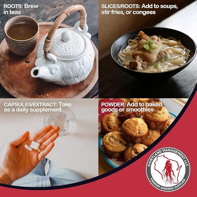 Dairyland American Ginseng Roots 西洋参 - 4 oz Pack of Wisconsin Ginseng Root - Authentic American Ginseng - Non-GMO, Gluten Free Whole Ginseng - Use This Herbal Supplement in Soup, Tea, Congee