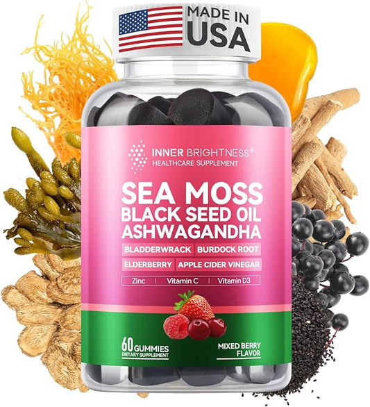 Sea Moss 4000mg Gummies with Ashwagandha, Elderberry, Apple Cider Vinegar, Bladderwrack, Burdock Root – Immune Support – Mixed Berry Flavor – 60 Count