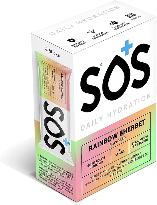 SOS Hydration Electrolyte Powder 8 Stick Packs – Low-Calorie, Rapid Rehydration, Made in USA, Keto (8 Servings, Rainbow Sherbert)