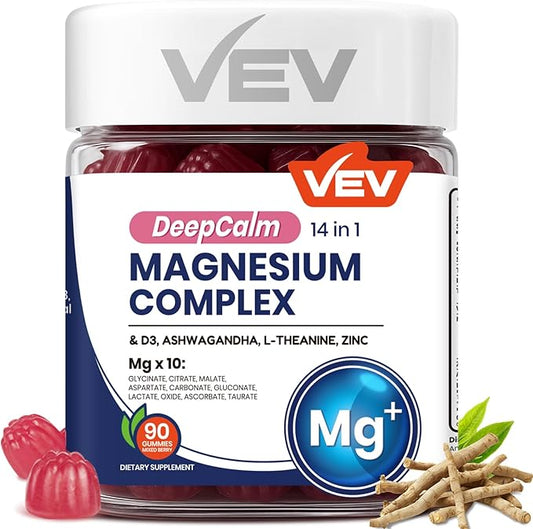 VEV Magnesium Complex DeepCalm 14-in-1 Gummies – with Ashwagandha, L-Theanine, D3 & Zinc – Cortisol Supplements for Women – 90 Sugar-Free Vegan Magnesium Glycinate Complex Gummies