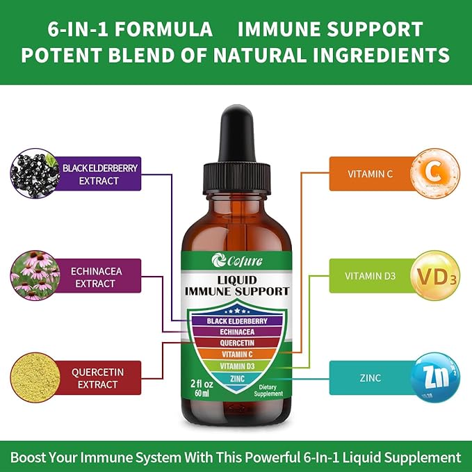 Zinc Quercetin Vitamin C D3 Liquid Immune Support with Organic Echinacea Elderberry, Immune Defense Drops Supplement for Adults- Vegan, Non-GMO, Gluten Free - 2 Fl Oz