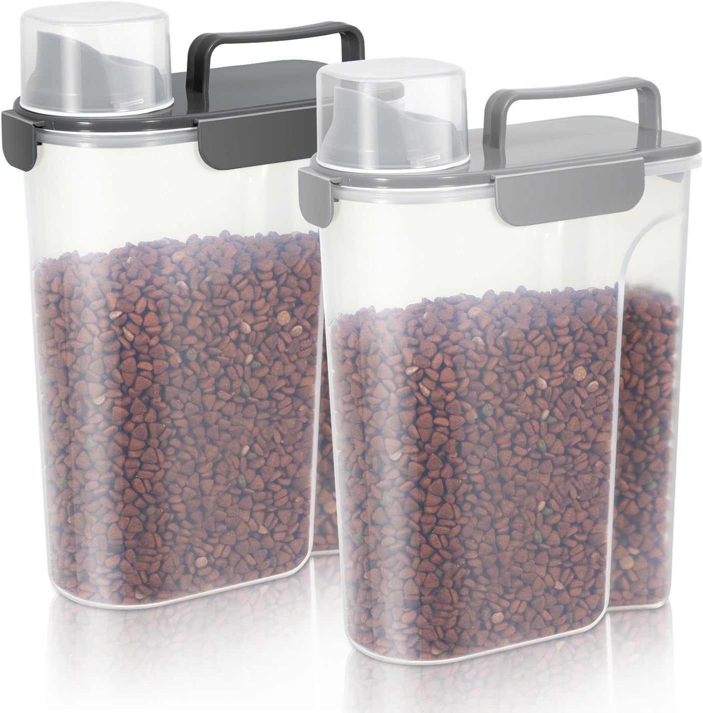 Cat Dog Food Storage Container, Upgraded Large Nozzle,5LBS Plastic Pet Food Storage Container, With 4 Sealed Clasps, 1 Measuring Cup and Handle, Easy to Clean and Carry -2 Pcs Light Gray + Dark Gray