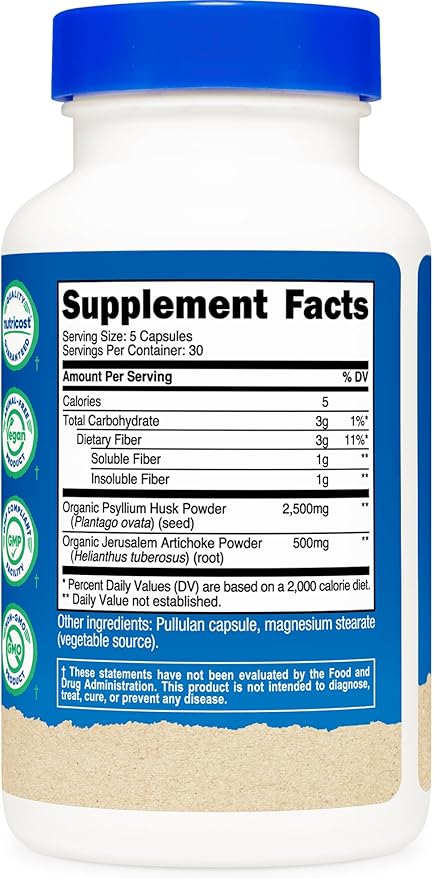 Nutricost Fiber Capsules with Prebiotic Fiber Supplement 150 Capsules - CCOF Certified Supplement, Made with Organic Psyllium Husk & Organic Jerusalem Artichoke, Gluten Free, 3 G Per Serving