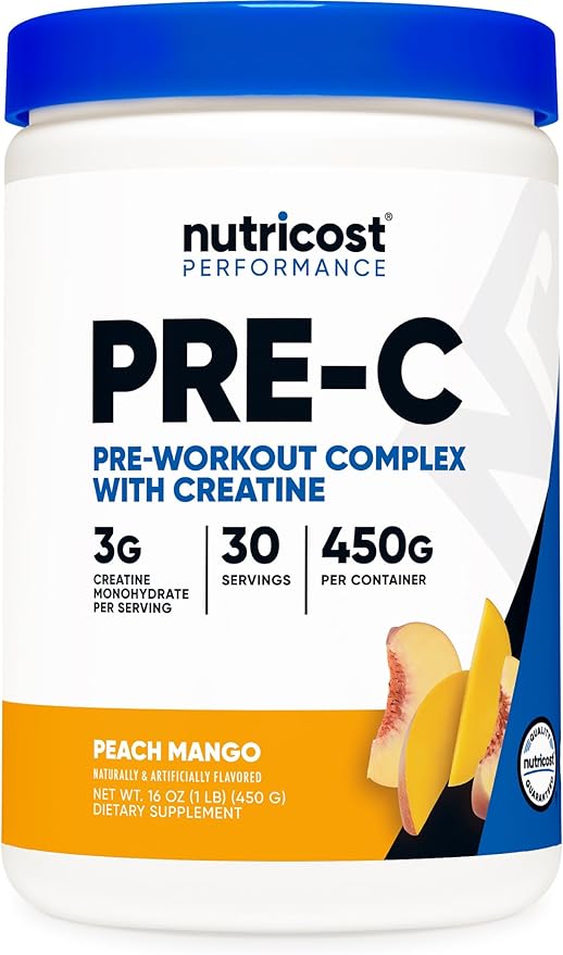 Nutricost Pre-C Pre-Workout Complex with Creatine (Peach Mango | 30 Servings) Powder - Boost Fintess Routines, 450g