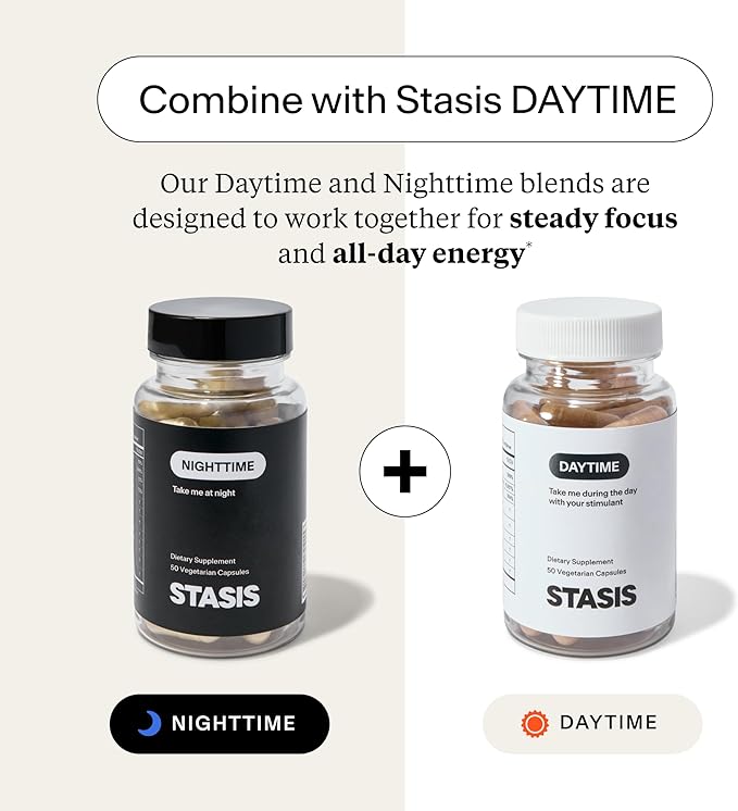 Stasis Nighttime - Calm & Sleep Capsules to Pair with Your Stimulant - Skullcap, Magnolia Bark, Magnesium for Sleep & Astaxanthin Supplements for Relaxation & Mood Support (25 Servings)