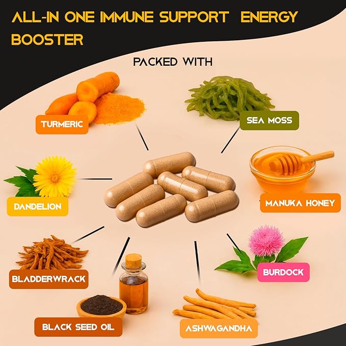 Sea Moss Capsules - Health Supplements - True Seamoss Black Seed Oil Ashwagandha Burdock Root, Tumeric Supplement with Manuka Honey, Dandelion Root ACV - 60 Capsules