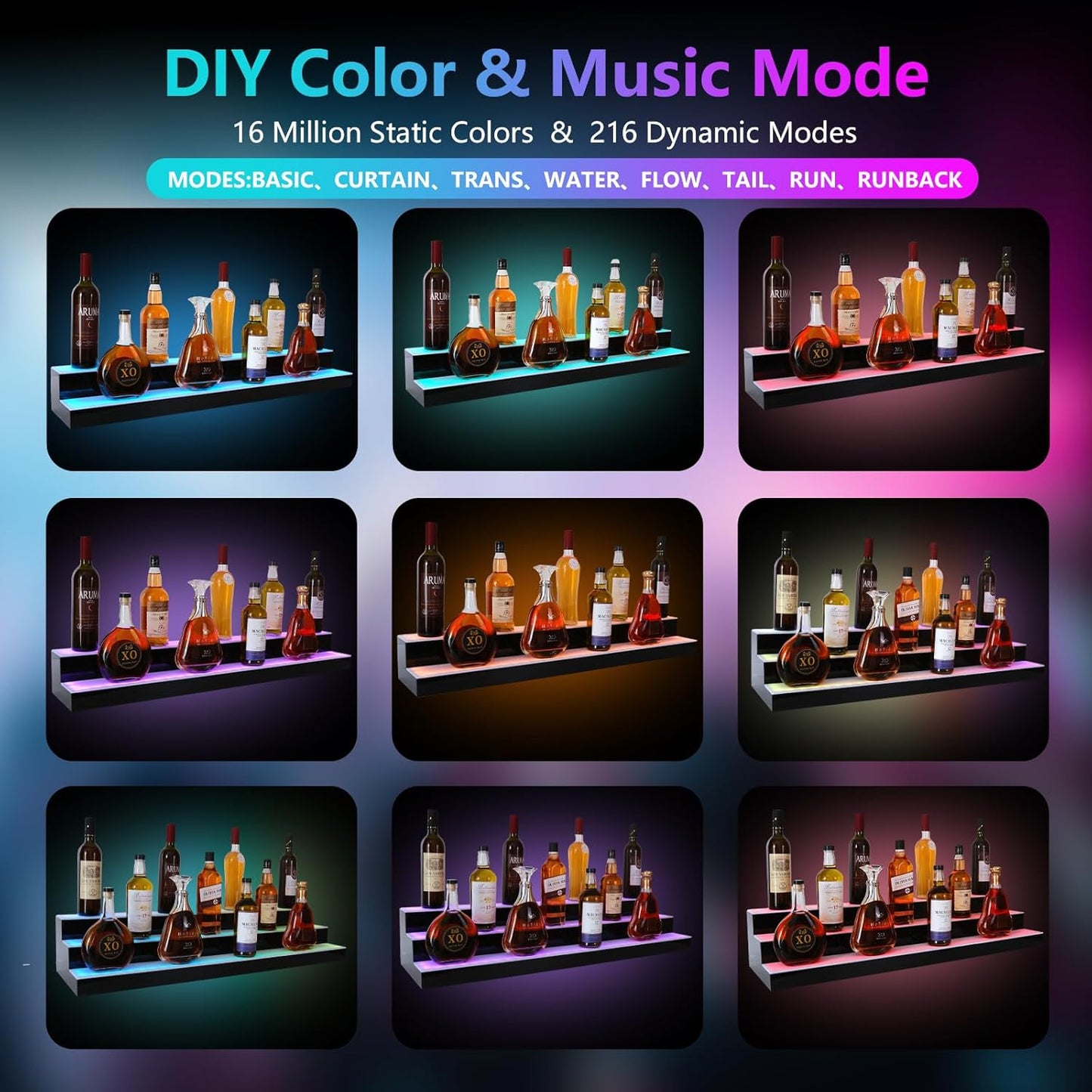 Led Lighted Liquor Bottle Display Shelf, 30 Inch 3 Tier Whiskey Rack, Support USB, Bar Stand with RF Remote & App Control, Illuminated Acrylic Lighting Shelves for Home Bar, Party