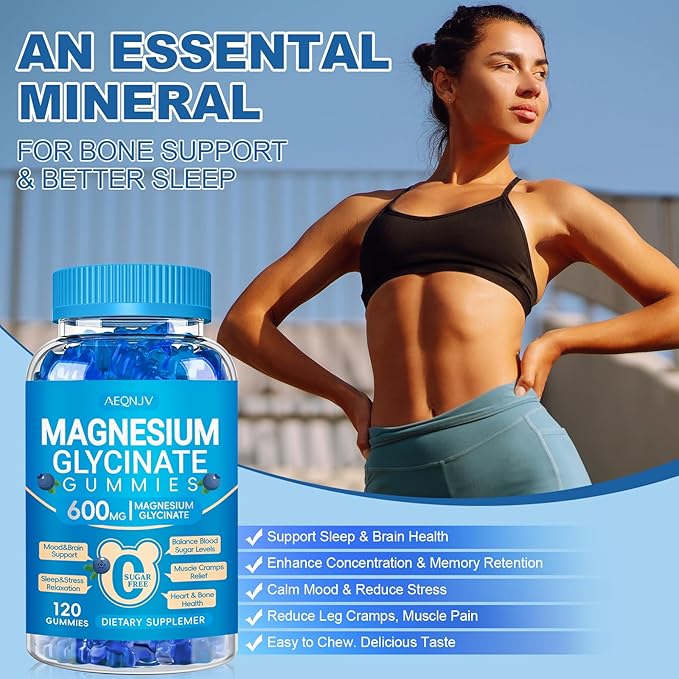 Magnesium Glycinate Gummies 600mg, Chewable Sugar Free Potassium Magnesium Gummies for Sleep, Body Support and Relaxation, Magnesium Supplements with Vitamin D, B6, and CoQ10 for Men & Women