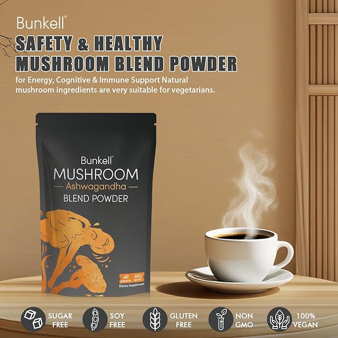 Ashwagandha Mushroom Powder, Adaptogenic 10 Mushrooms Complex w/ashwagandha - Lion's Mane, Reishi, Chaga & Maitake - Adaptogens Powder for Energy, Cognitive & Immune Support, 40 Servings