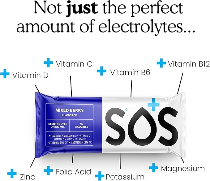 SOS Hydration Electrolyte Powder 8 Stick Packs – Low-Calorie, Rapid Rehydration, Made in USA, Keto (8 Servings, Mixed Berry)