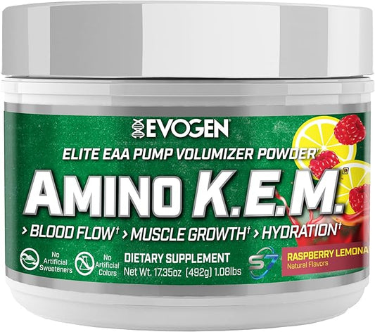 Evogen Amino K.E.M. - EAA & BCAA Powder Pump Volumizer | BCAAs Amino Acids Supplement for Blood Flow, Muscle Growth, & Hydration | Natural Sweetened Raspberry Lemonade | 30 Servings