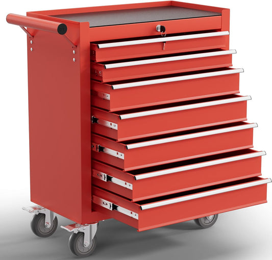 7-Drawer Tool Chest,Rolling Tool Cart with Wheels,High Capacity Tool Cabinet with Locking System for Garage, Warehouse, Workshop-Red