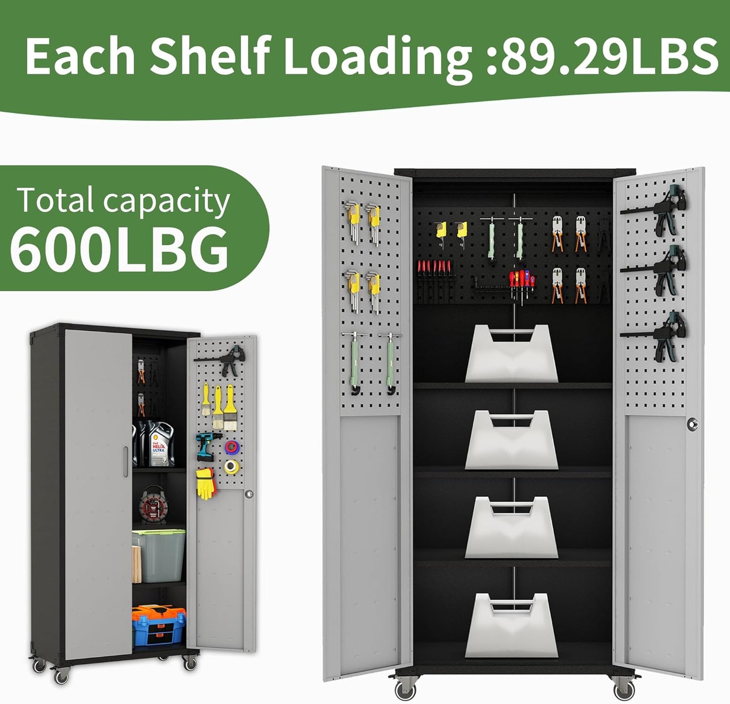 Garage Metal Storage Cabinet,71" Rolling Tool Cabinet with Pegboard and 3 Adjustable Shelves,Heavy-Duty Shelving Unit with Lockable Doors for Garage,Workshop,Home & Office Organization