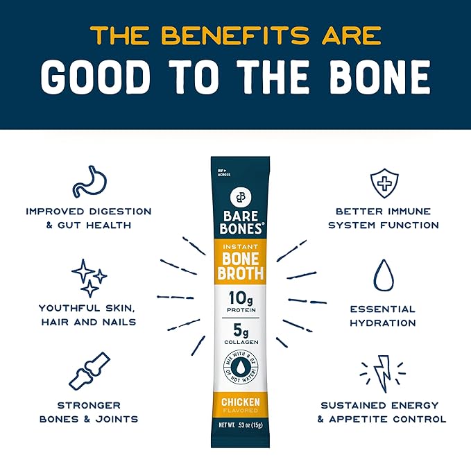 Bare Bones Chicken Bone Broth Instant Powdered Mix | Rich Savory Packets on-the-Go No Artificial Flavors | Keto & Paleo Friendly | 10g Protein | 16 Pack