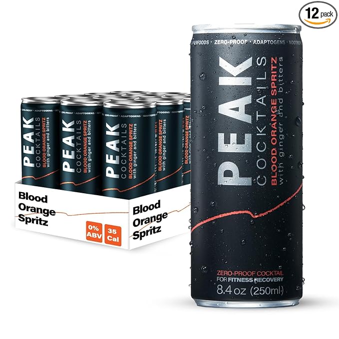 Peak Cocktails Non-Alcoholic Cocktail | Adaptogens, Nootropics, Superfoods for Recovery, Calm, Sleep | Ashwagandha, Tart Cherry, L-Theanine | Mixologist-crafted | Blood Orange Spritz | 8.4 oz, 12-Pack
