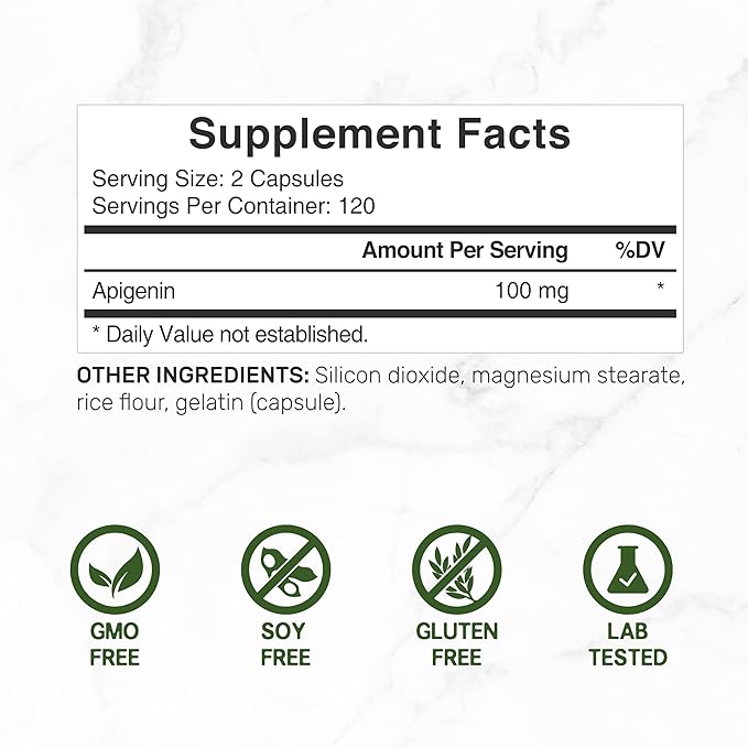 Apigenin, 100mg Per Serving, 240 Capsules – Raw Plant Extract from Chamomile Flower – Active Bioflavonoids & Antioxidants – Sleep & Relaxation Supplement – Non-GMO