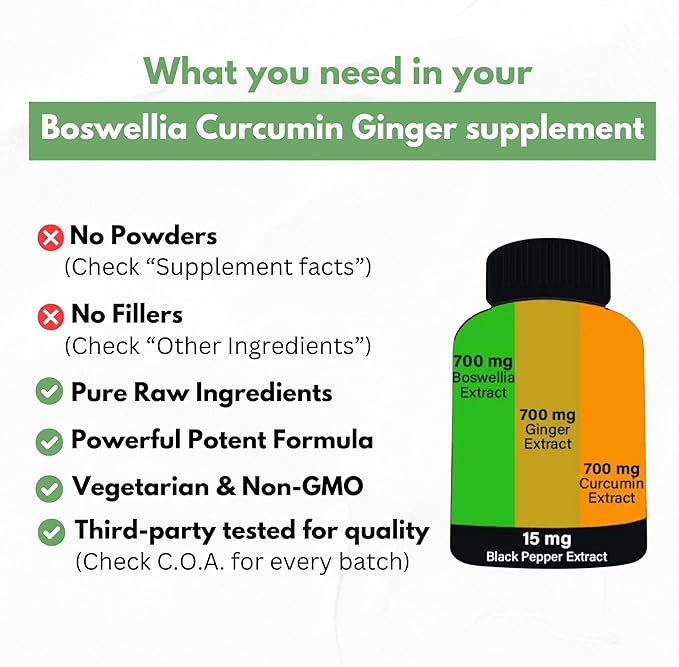Boswellia Curcumin Ginger Extracts Supplement – Strong 95% Curcuminoids Natural Support Pills for Mobility & Flexibility – Extra Strength Boswelia with Turmeric Curcumin Organic Ginger Supplement