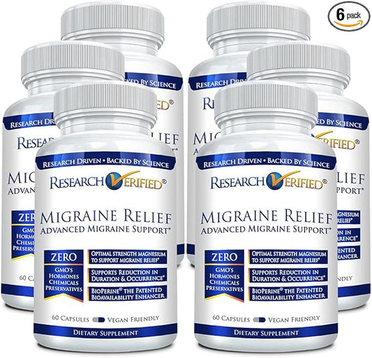 Research Verified Migraine Relief - Dual Action Supplement - Reduce Severity and Duration, Balance Hormones - with Ginger and Ginko Biloba- 60 Capsules Per Bottle - 6 Month Supply