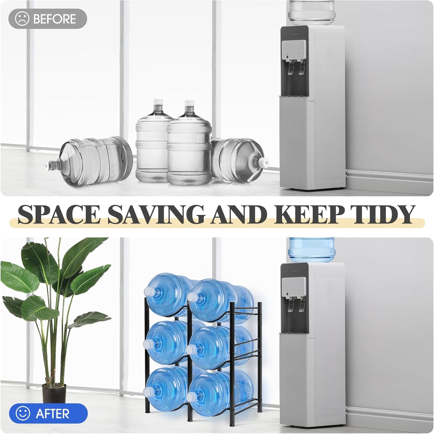 Klvied 5 Gallon Water Jug Holder - 3 Tier Rack, Heavy Duty Stand for 6 Bottles with Lifter and Cap