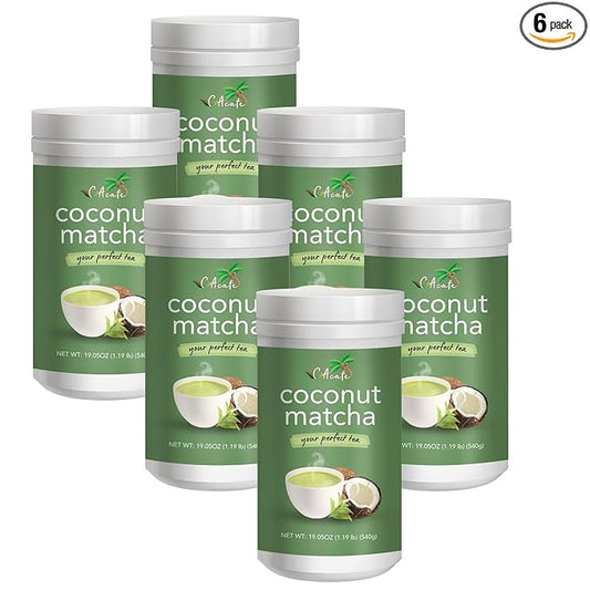 CAcafe Coconut Matcha - Instant Japanese Health Drink - Creamy & Sweet - Hot or Iced Green Tea Latte Mix - New Look, Reduced Sugar - Non-GMO - No Artificial Flavors or Colors | 6-Pack