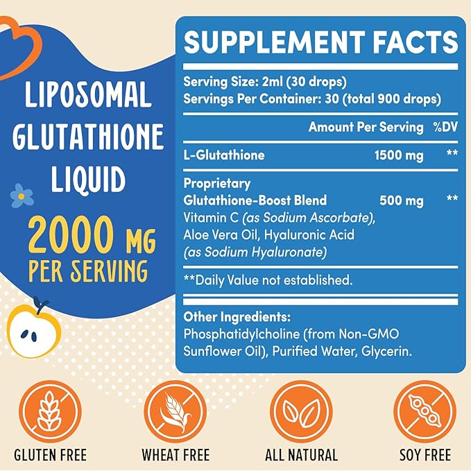 2000MG Liposomal Glutathione Liquid, 98% Absorption, Active Form L-Glutathione Supplement, Vegan Friendly, Powerful Antioxidant Complex for Immune System, Aging Defense, Detox,8 FL.OZ