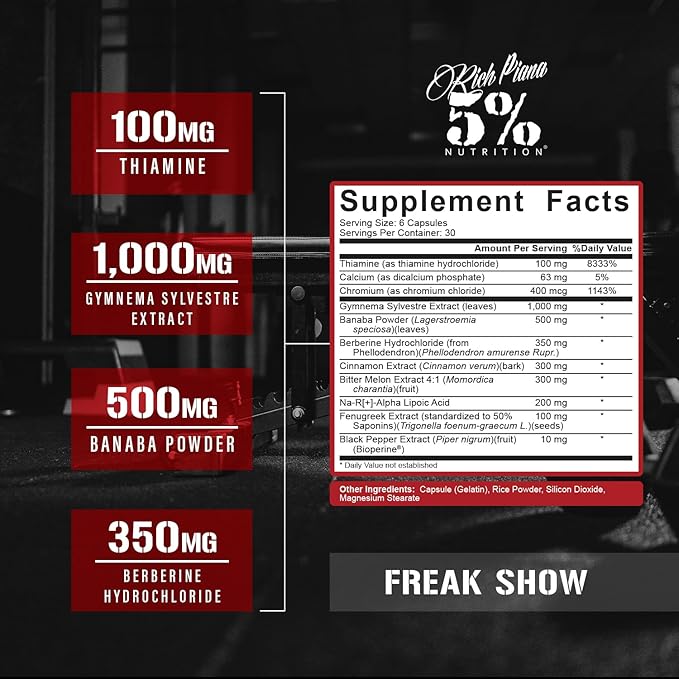 5% Nutrition Rich Piana Freak Show | Muscle Builder | Berberine, Gymnema Sylvestre, Banaba Powder | 180 Capsules (30 Days)