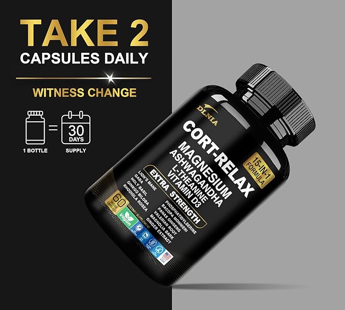 Super Calm Cortisol Supplement with Magnesium Glycinate, Ashwagandha KSM-66, L-Theanine, Phosphatidylserine, Ginkgo Biloba & Lions Mane for Calm, Focus, Mental Clarity, Relaxation, Sleep, Energy
