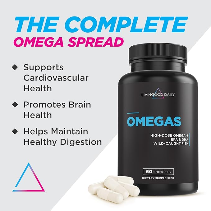 Livingood Daily Fish Oil Omega 3 Supplement, EPA and Dha from Wild Caught Fish, Omega 3 Fatty Acids for Heart, Brain, and Joint Health for Men and Women, Gluten Free, 30 Day Supply, 60 Softgels
