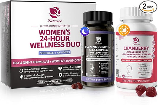 Evening Primrose Oil & Cranberry Wellness Duo – Supports Urinary Health, Hormonal Balance, Skin Health, Stress Relief, and Relaxation – Daytime Clarity & Nighttime Calm – 30-Day Supply