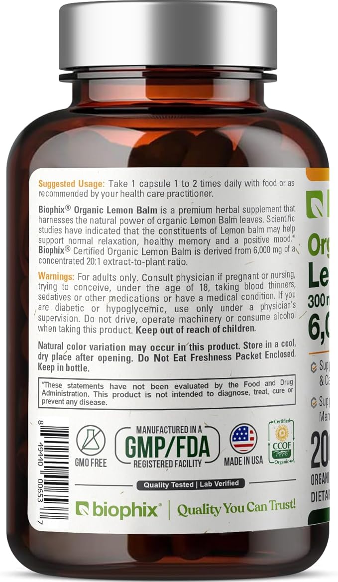 biophix Lemon Balm Capsules USDA Organic 20:1 Extract 300 mg 200 Veggie Caps - Cognitive Health Stress Sleep Mood Support Natural Herbal Supplement
