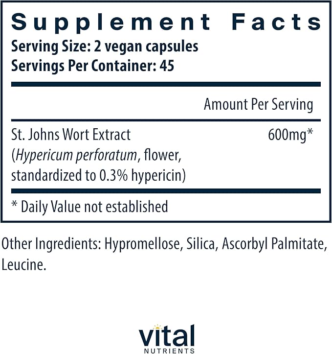 Vital Nutrients St John's Wort 600mg | Vegan St John's Wort Supplement to Promote Overall Well-Being, Healthy Outlook* | Potent 3% Hypericin| Gluten, Dairy, Soy Free | Non-GMO | 90 Capsules